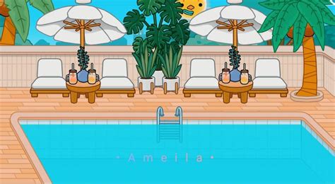 An Animated Pool With Chairs And Umbrellas Next To The Swimming Pool In