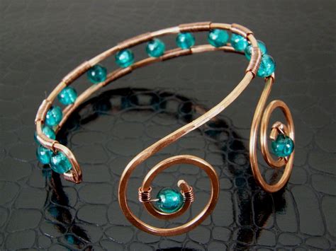womens copper upper arm cuff bracelet teal hand crafted wire jewelry