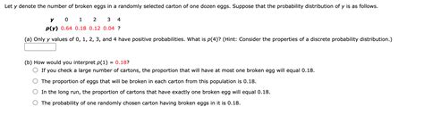 Solved Let Y Denote The Number Of Broken Eggs In A Randomly Chegg