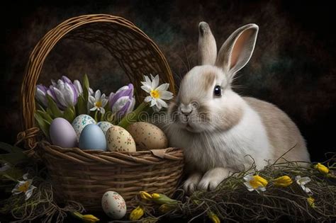 Easter Bunny With Easter Eggs In The Garden Celebration Concept Happy