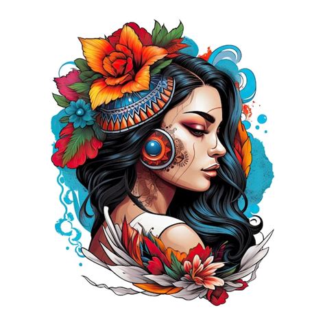 Tattoo style portrait of chicano girl Mexican woman with flowers art ...