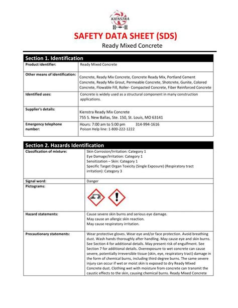 Kienstra Concrete Safety Data Sheet Ready Mixed Concrete — Kienstra Ready Mix Concrete