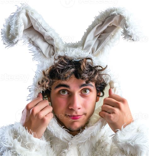 Happy Man Wearing Bunny Ears On Isolated Transparent Background