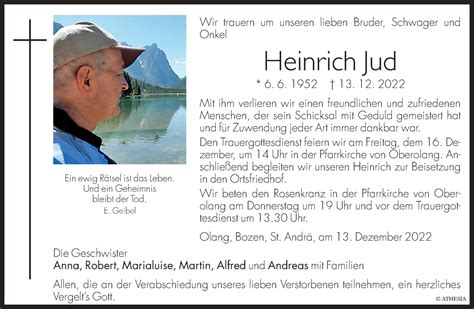 Traueranzeigen Von Heinrich Jud Trauer Bz