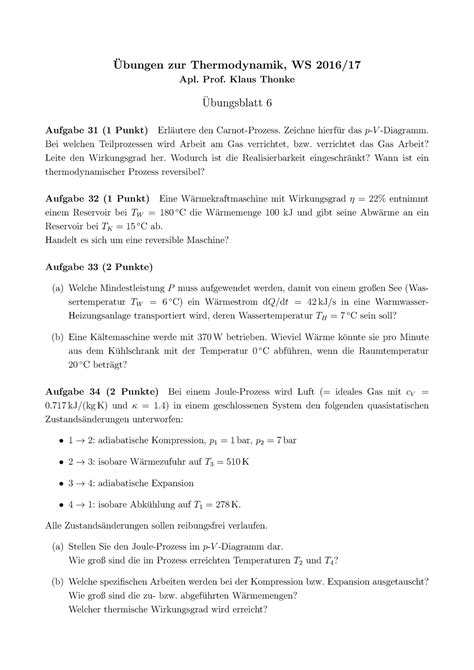 Blatt 6 Übungsaufgaben Ubungen zur Thermodynamik WS 2016 17 Apl