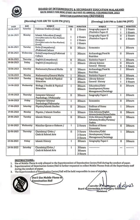 Revised Date Sheet Hssc Part I And Part Ii Bise Malakand