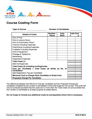 Fillable Online Sta Co Course Costing Form STAcouk Sta Co Fax Email