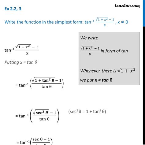 Ex 2 2 3 Simplify Tan 1 Root 1 X2 1 X Chapter 2