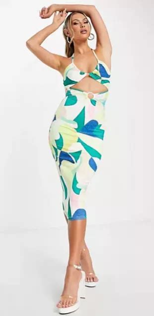 Simmi Cut Out Waist Midi Bodycon Dress In Green Multi Swirl Print