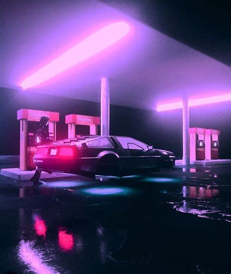 Delorean Oldschool Car Gas Station Neon Pink Purple Lights Synthwave