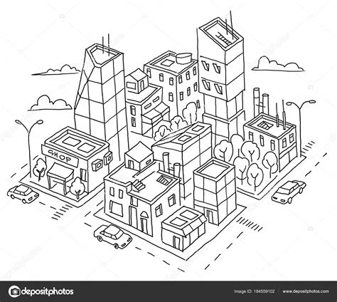 Boceto Isométrico De Una Gran Ciudad Rascacielos Y Edificios De Gran