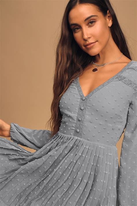 Lovely Dusty Blue Dress Pleated Mini Dress Long Sleeve Dress Lulus