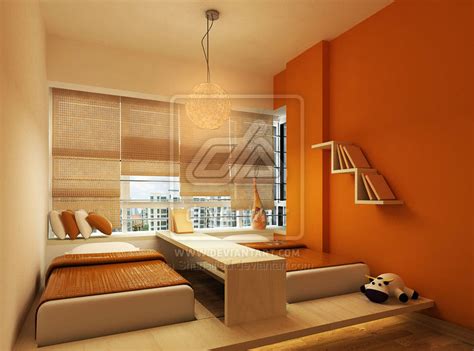 Orange Bedroom with Two Kids Bed Design - Interior Design Ideas