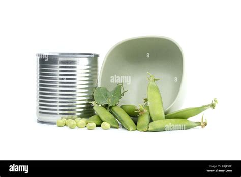 Tin Can Alongside Fresh Garden Peas Pods With Green Leaves Isolated On