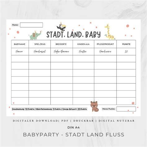 Stadt Land Fluss Babyparty Spiel Deutsch Zum Ausdrucken Baby Shower