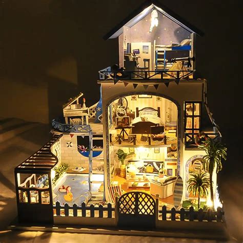 Diy Small House Love Sea Villa Miniature Wooden Doll House With Music