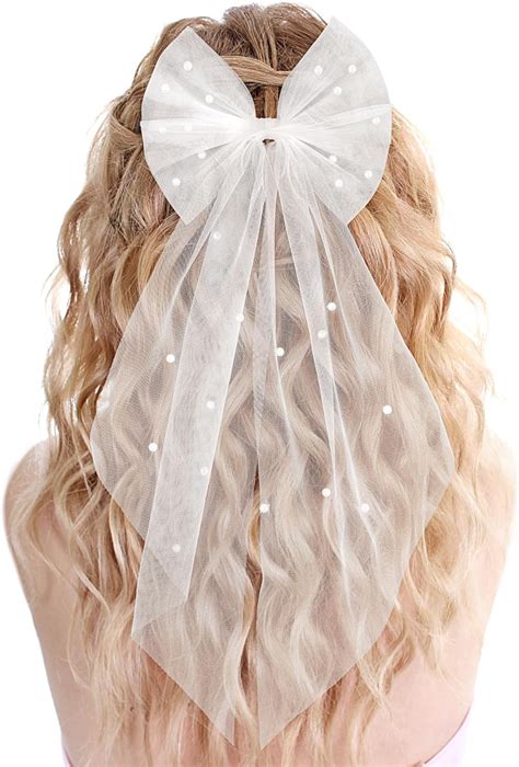 Kalione Bridal Hair Bow Clip White Pearl Veil Hair Bow Wedding Hair Accessory For