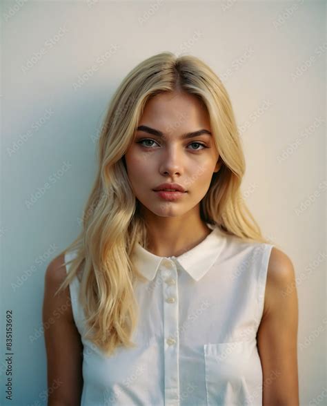 Stunning Portrait Of A Beautiful Woman Influencer And Model With Blonde Hair Highlights Stock