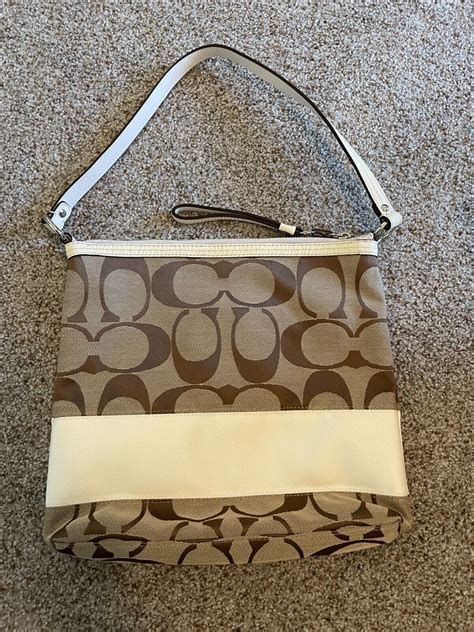 Coach Signature Shoulder Handbag Fabric White Tan Euc Gem