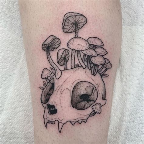 Ruby Black On Instagram Cat Skull With Mushrooms And Light Dotwork