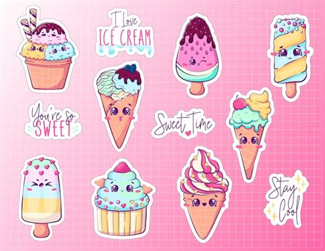 Paquete De Pegatinas Con Helado De Garabato De Dibujos Animados Kawaii