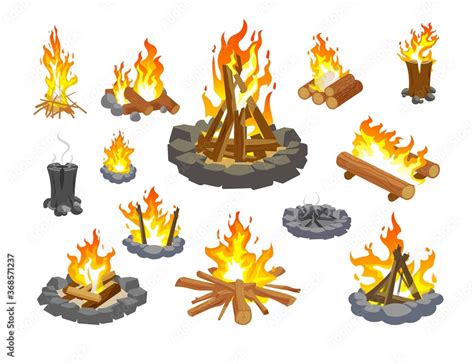 Campfire Icon Set Isolated Cartoon Fire Flame Icon Collection Forest