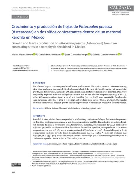 Pdf Crecimiento Y Producción De Hojas De Pittocaulon Praecox