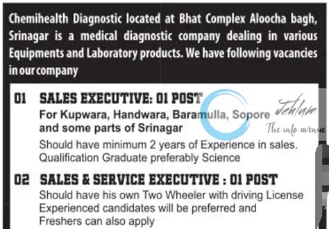 Chemihealth Diagnostic Srinagar Jobs Vacancy Jehlum The Info