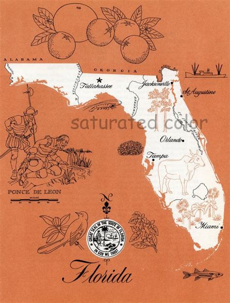 Florida Map Original Vintage 1960s Picture Map Fun Retro Etsy Map