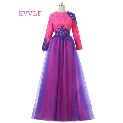 Blue Muslim Evening Dresses A Line Long Sleeves Appliques Lace Hijab