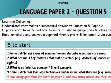 Gcse English Language Paper 2 Aqa Question 5 Revision Lesson Teaching Resources