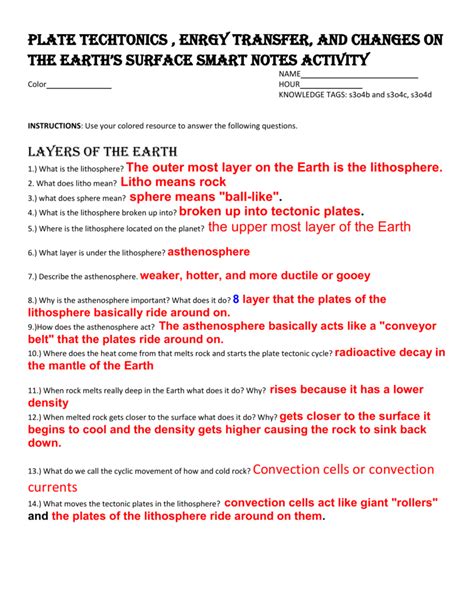 Answer Key Plate Tectonics