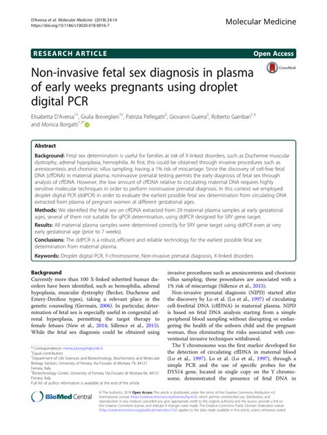 Pdf Non Invasive Fetal Sex Diagnosis In Plasma Of Early Weeks Pregnants Using Droplet Digital Pcr