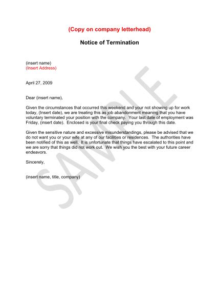 Job Abandonment Termination Letter Templates