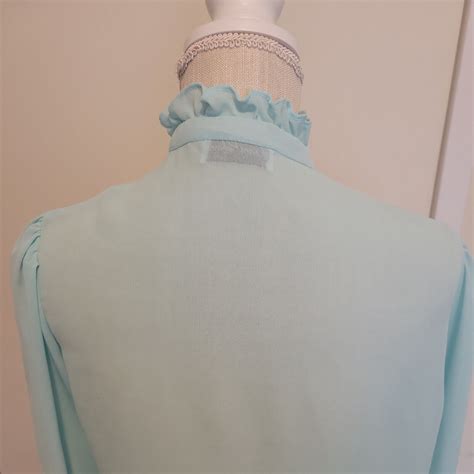 Vintage S High Neck Sky Blue Secretary Blouse Puff Gem