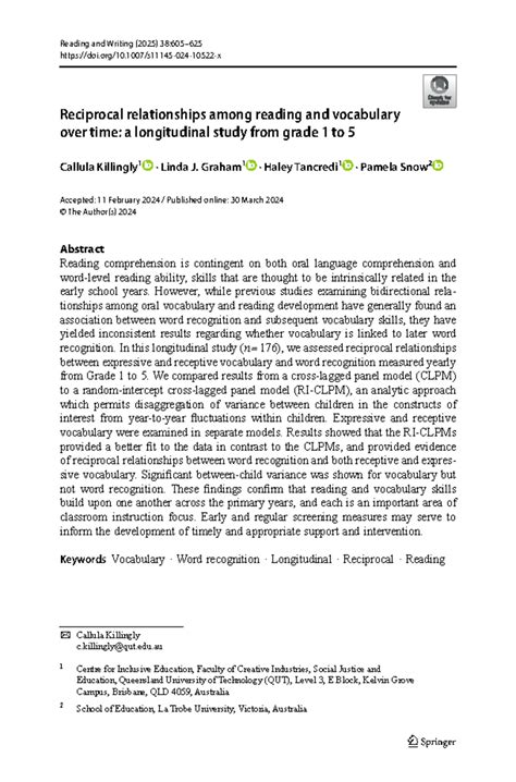 Longitudinal Study: Reciprocal Relationships of Vocabulary & Reading