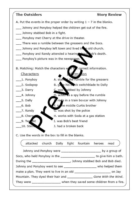 English Worksheets The Outsiders Chapter 1 Comprehension Questions