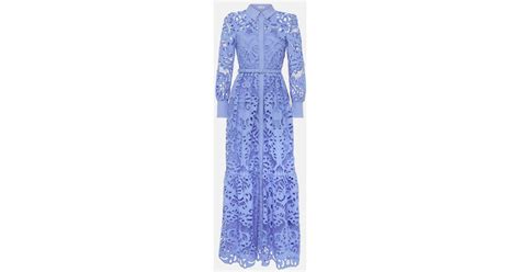 Self Portrait Belted Cotton Lace Maxi Dress In Blue Lyst