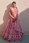 Buy Pink Raw Silk Embroidery Zardozi Leaf Neck Floral Bridal Lehenga