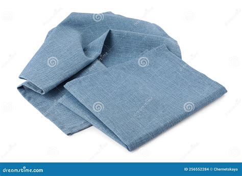 New Clean Light Blue Cloth Napkins Isolated On White Stock Photo