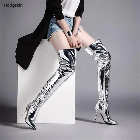 Silver Metallic Leather Over The Knee Boots Pointed Toe Shoes Botines Mujer 2018 Autumn Winter