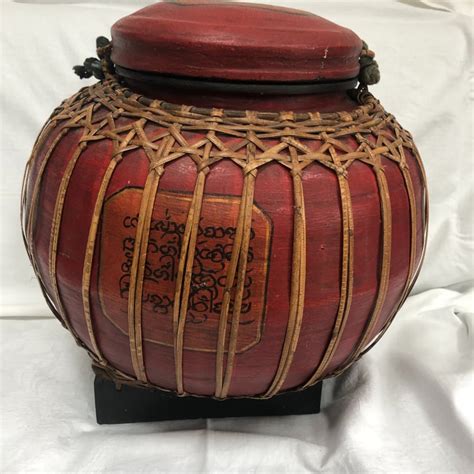 DECORATIVE LARGE VINTAGE ORIENTAL BAMBOO THAI RICE SEED BOX STORAGE