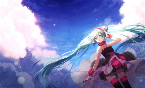 Aqua Eyes Aqua Hair Choker Clouds Hakusai Hatsune Miku Headband Long