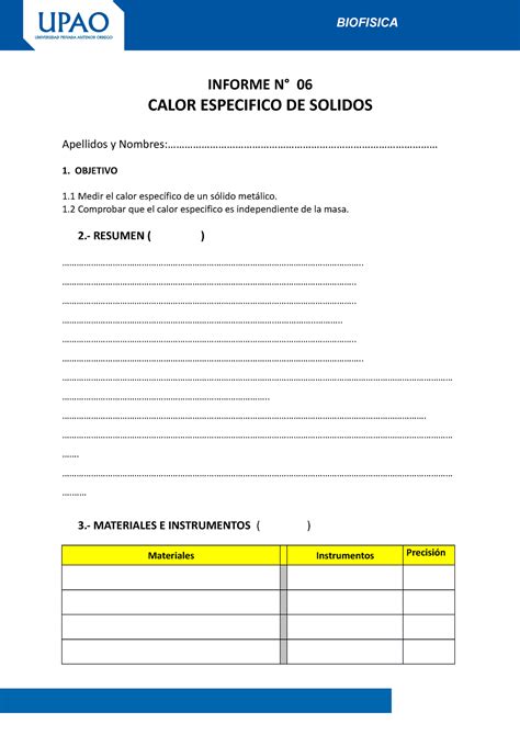 IL Nº05 Calor Especifico Biofisica Medica INFORME N 06 CALOR