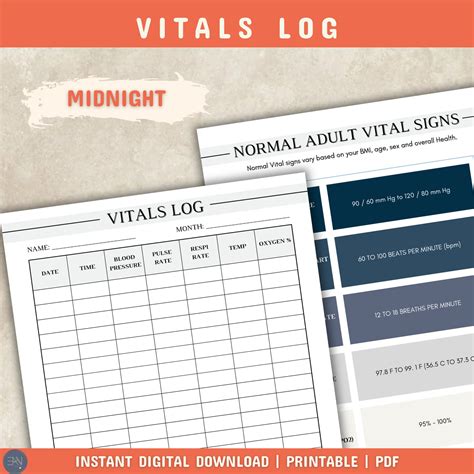 Printable Vitals Log Blood Pressure Log Vital Sign Sheet Log Vital