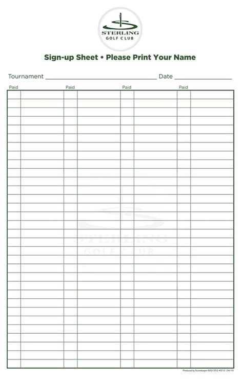 Sign Up Scoresheets Golf Scoring Sign Up Sheets