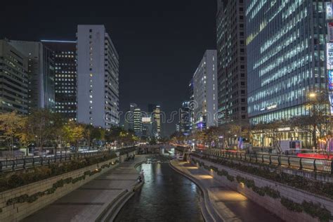 Seoul South Korea Night At Cheonggyecheon Stream Editorial Stock Photo