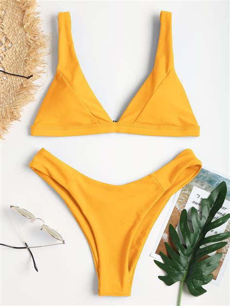 Off Plunge High Leg Bikini In Mustard Zaful