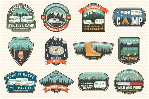 Set Of Rv Camping Badges Patches Vector Concept For Shirt Or Logo