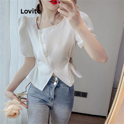 Lovito Elegant Plain Asymmetrical Button Front Split Blouse For Women